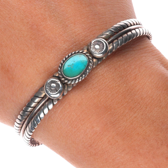 6.4" 1930's Vintage Navajo sterling silver twisted wire turquoise cuff bracelet
