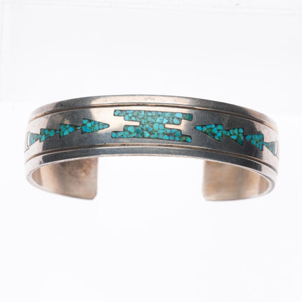 6.4" Thomas Singer Navajo sterling silver chip inlay turquoise cuff bracelet