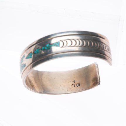 6.4" Thomas Singer Navajo sterling silver chip inlay turquoise cuff bracelet