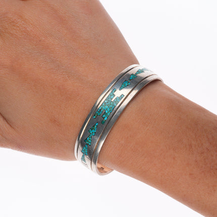 6.4" Thomas Singer Navajo sterling silver chip inlay turquoise cuff bracelet