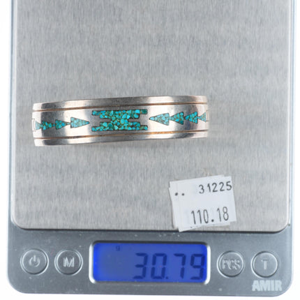 6.4" Thomas Singer Navajo sterling silver chip inlay turquoise cuff bracelet