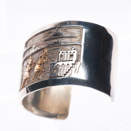 6.3" Bennett Kagenveama Hopi sterling silver/14k gold storyteller cuff bracelet