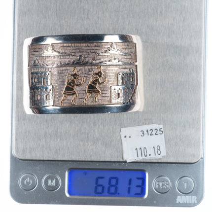 6.3" Bennett Kagenveama Hopi sterling silver/14k gold storyteller cuff bracelet