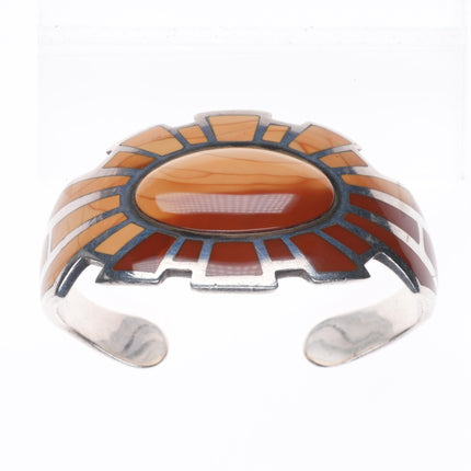 6.5" Vintage southwestern sterling silver picture jasper inlay cuff bracelet