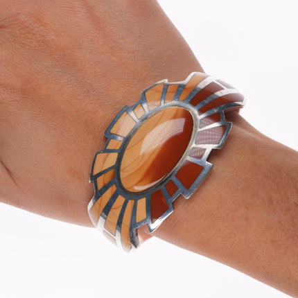 6.5" Vintage southwestern sterling silver picture jasper inlay cuff bracelet