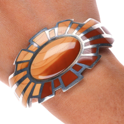6.5" Vintage southwestern sterling silver picture jasper inlay cuff bracelet