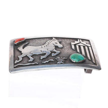 Allen Pooyouma Hopi sterling silver Horse/raincloud coral/turquoise belt buckle