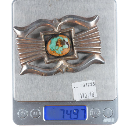 older Vintage Navajo cast sterling silver green turquoise belt buckle