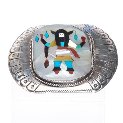 Big Vintage RB Navajo sterling silver Zuni intarsia inlay dancer belt buckle
