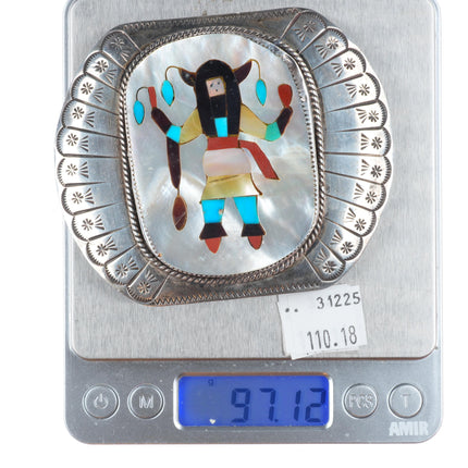 Big Vintage RB Navajo sterling silver Zuni intarsia inlay dancer belt buckle