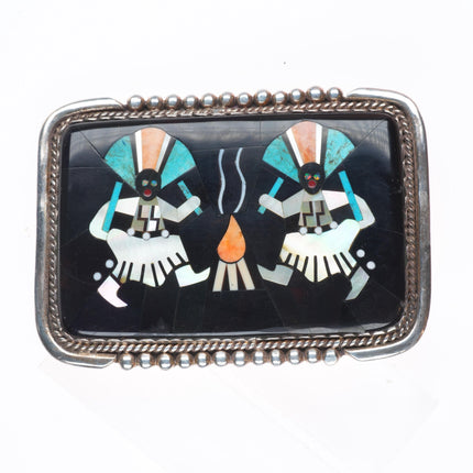 Vintage Etsate Zuni sterling silver Gan dancers intarsia inlay belt buckle