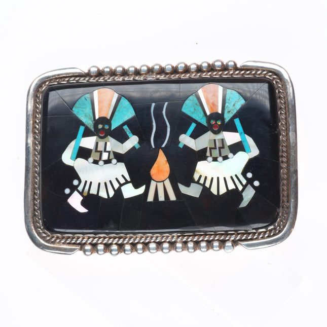 Vintage Etsate Zuni sterling silver Gan dancers intarsia inlay belt buckle