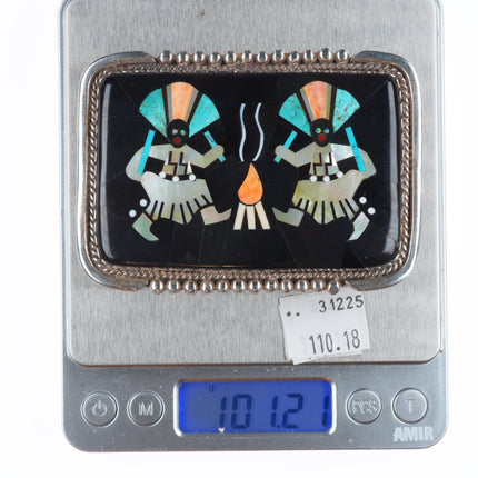 Vintage Etsate Zuni sterling silver Gan dancers intarsia inlay belt buckle