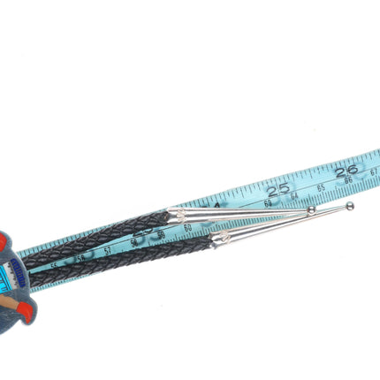 H.M. Coonsis Zuni sterling silver turquoise/coral inlay knifewing bolo tie