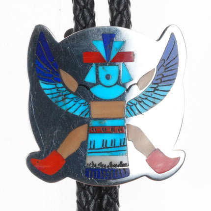 H.M. Coonsis Zuni sterling silver turquoise/coral inlay knifewing bolo tie