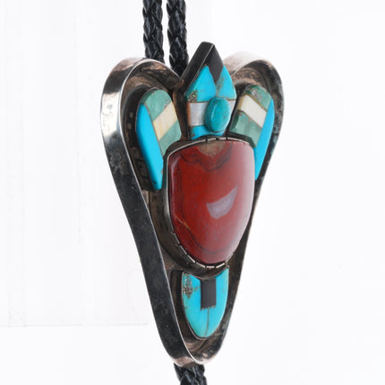 Large vintage Santo Domingo sterling silver agate bolo tie turquoise/shell inlay