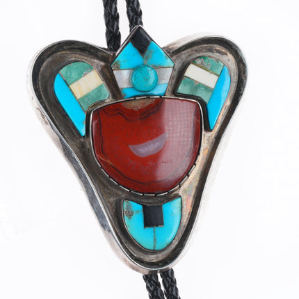 Large vintage Santo Domingo sterling silver agate bolo tie turquoise/shell inlay