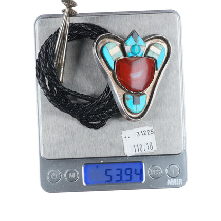 Large vintage Santo Domingo sterling silver agate bolo tie turquoise/shell inlay