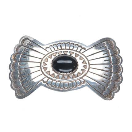 Large Vintage Navajo nicely stamped sterling silver onyx barrette/hair clip