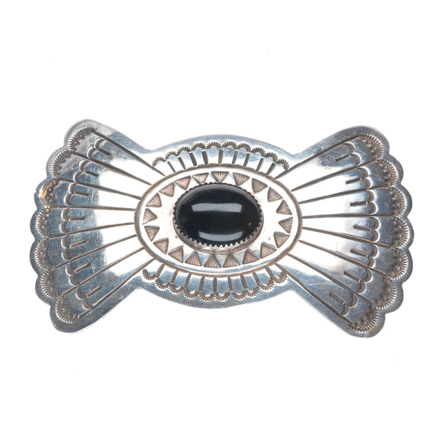 Large Vintage Navajo nicely stamped sterling silver onyx barrette/hair clip