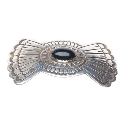 Large Vintage Navajo nicely stamped sterling silver onyx barrette/hair clip