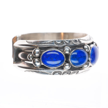 6.3" Jeanette Dale Navajo carinated sterling silver lapis row cuff bracelet