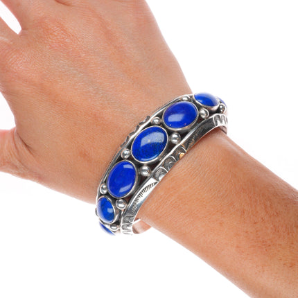 6.3" Jeanette Dale Navajo carinated sterling silver lapis row cuff bracelet