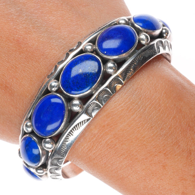 6.3" Jeanette Dale Navajo carinated sterling silver lapis row cuff bracelet
