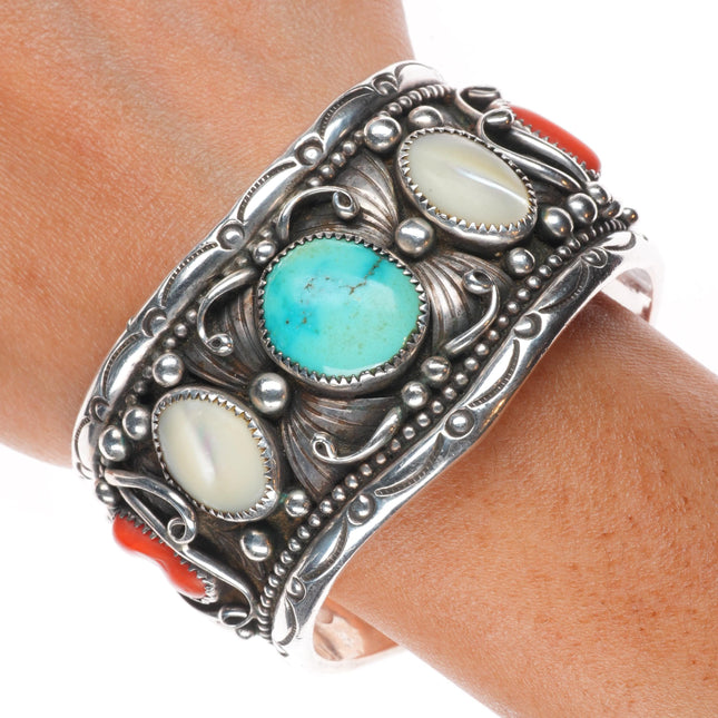 6.8" Large Vintage Navajo sterling silver turquoise/coral/shell cuff bracelet