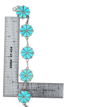 7" Vintage Zuni sterling silver channel inlay turquoise floriform link bracelet