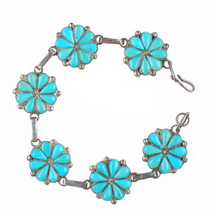 7" Vintage Zuni sterling silver channel inlay turquoise floriform link bracelet
