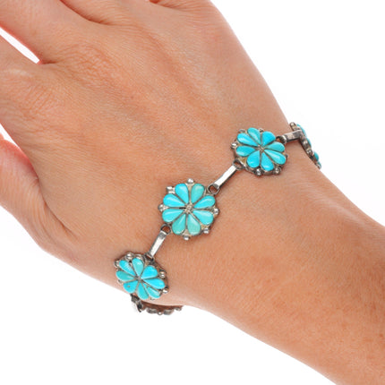 7" Vintage Zuni sterling silver channel inlay turquoise floriform link bracelet