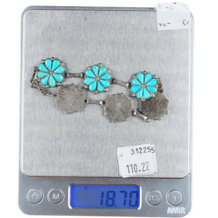 7" Vintage Zuni sterling silver channel inlay turquoise floriform link bracelet
