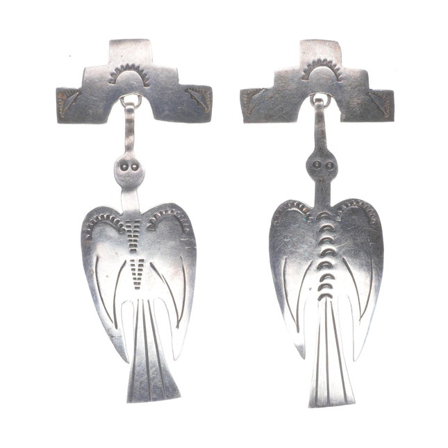 Vintage Navajo sterling silver Peyote Bird hand stamped dangle earrings