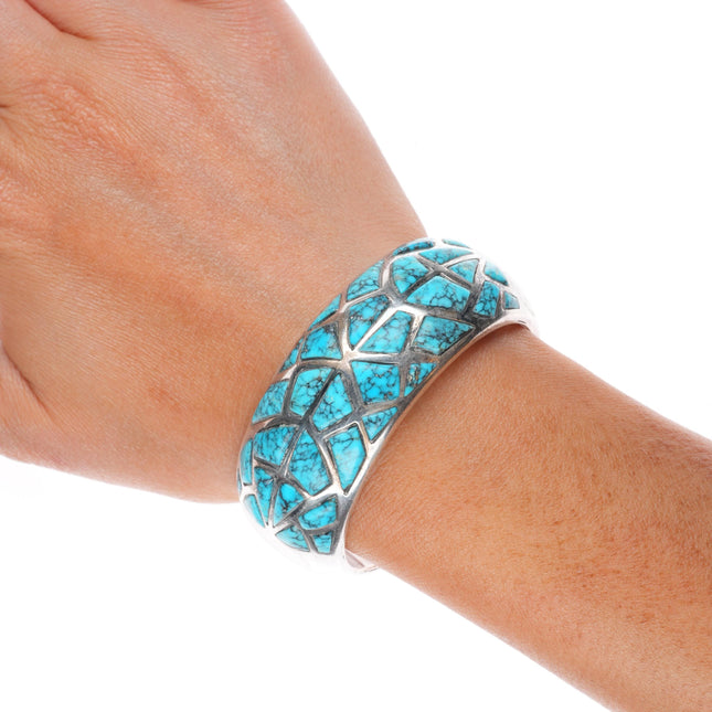 6" Gibson Montano Navajo sterling silver spiderweb turquoise inlay cuff bracelet