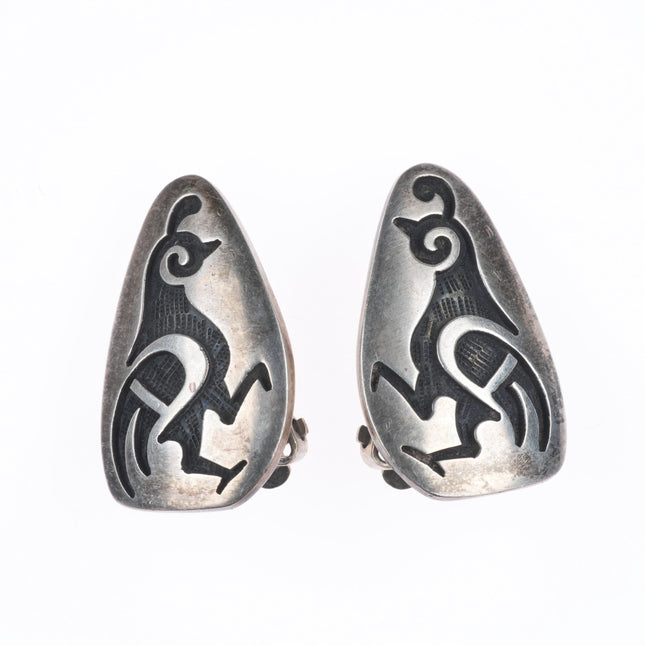 Bernard Dawahoya Hopi overlay quails vintage sterling silver clip-on earrings