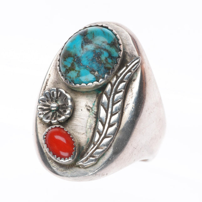 sz12 Vintage Navajo sterling silver 2 stone coral/turquoise Men's ring