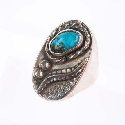 sz12 Vintage Navajo sterling silver men's ring feather face with turquoise