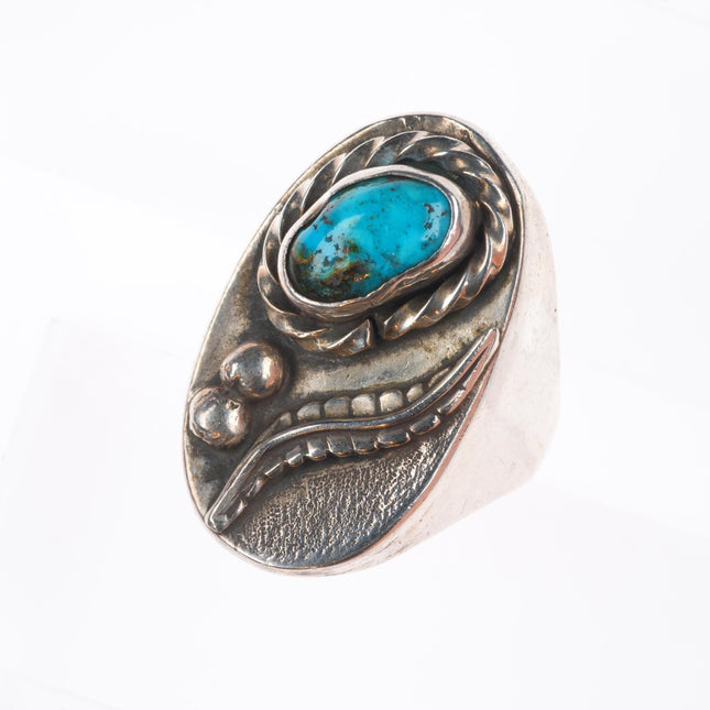 sz12 Vintage Navajo sterling silver men's ring feather face with turquoise