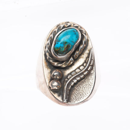 sz12 Vintage Navajo sterling silver men's ring feather face with turquoise