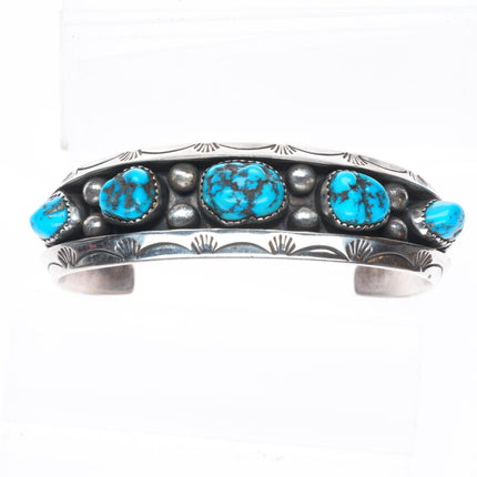 7" Vintage Navajo carinated sterling silver turquoise row cuff bracelet