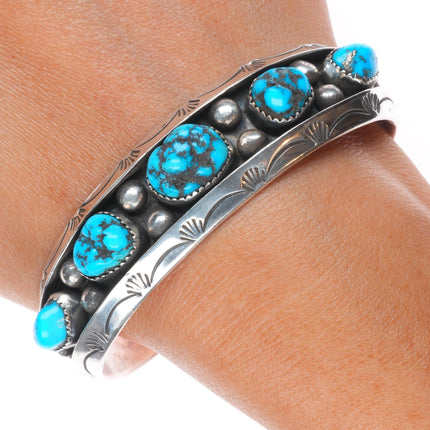 7" Vintage Navajo carinated sterling silver turquoise row cuff bracelet