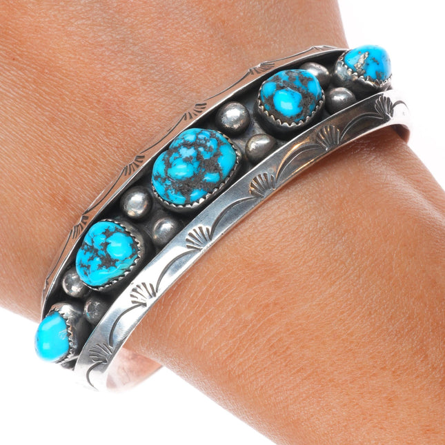 7" Vintage Navajo carinated sterling silver turquoise row cuff bracelet