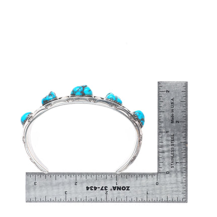 7" Vintage Navajo carinated sterling silver turquoise row cuff bracelet