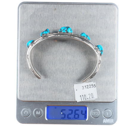 7" Vintage Navajo carinated sterling silver turquoise row cuff bracelet