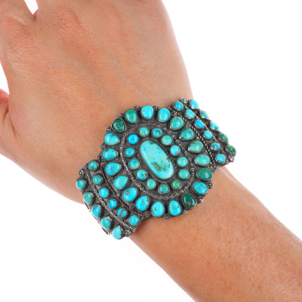 6.25" 1930's Zuni turquoise cluster cuff bracelet ingot/sterling silver