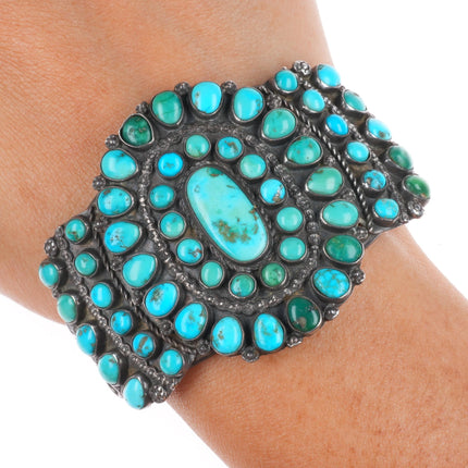 6.25" 1930's Zuni turquoise cluster cuff bracelet ingot/sterling silver
