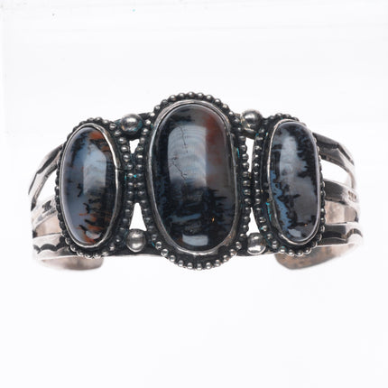 6.6" Vintage Navajo  sterling silver Petrified wood agate 3 stone cuff bracelet