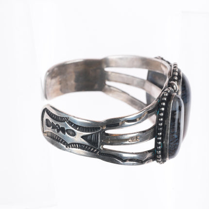 6.6" Vintage Navajo  sterling silver Petrified wood agate 3 stone cuff bracelet