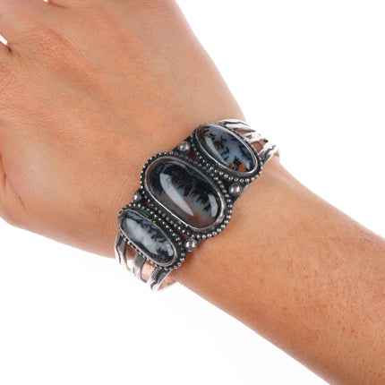 6.6" Vintage Navajo  sterling silver Petrified wood agate 3 stone cuff bracelet